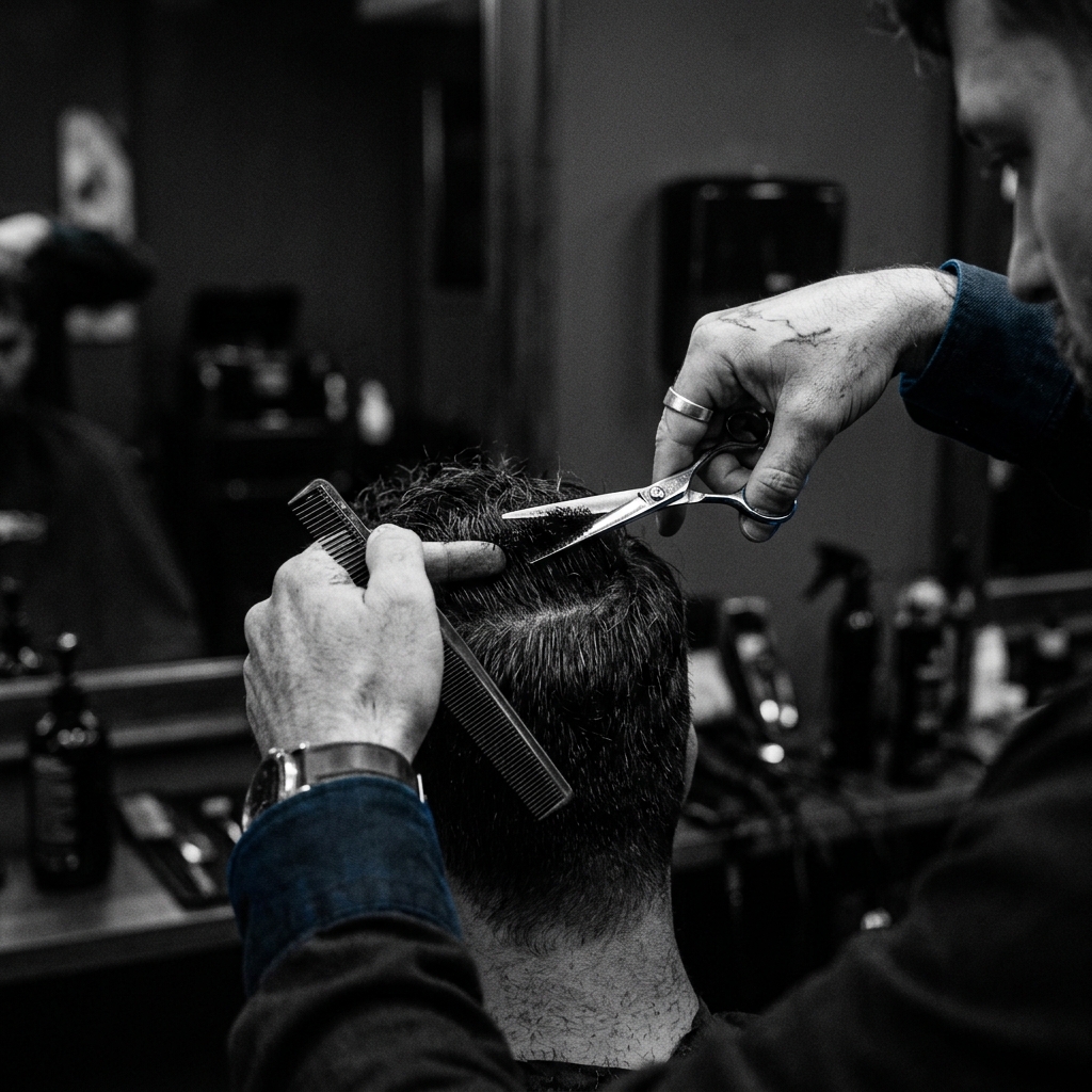 Técnica de corte clásico con tijera y peine en Corte 0 Academia de Barbería